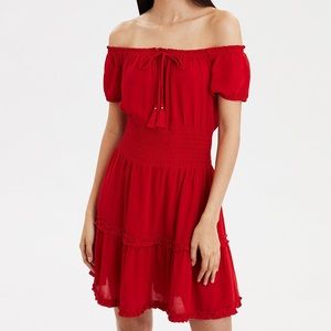 American Eagle Red Off the Shoulder Babydoll Dress
